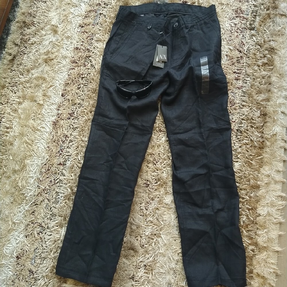 A/X Armani Exchange Men's Linen Black Summer Chino Pants+Armani Style Sunglasses